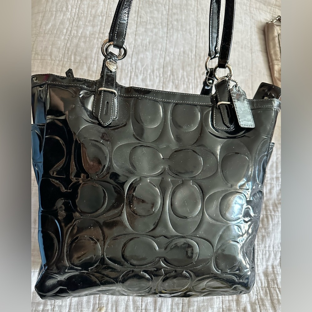 Coach Black Patent Leather Tote with Embossed Pattern